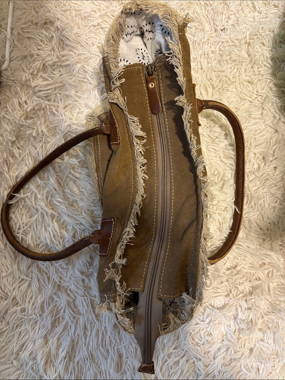 Myra Bag Brown Canvas Tote with Leather Handles and Fringe Trim - Picture 4 of 7